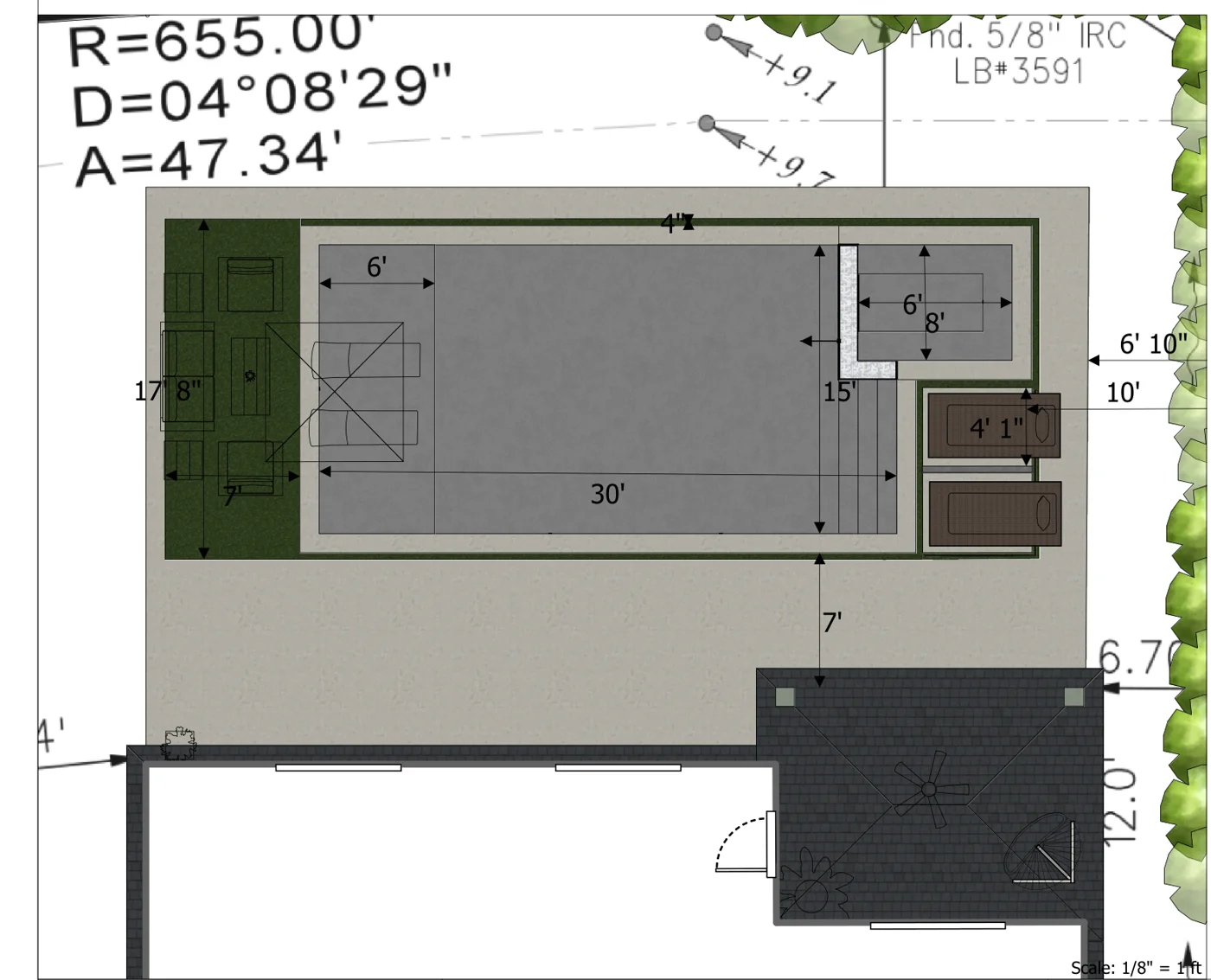 Site plan showing the 15' x 30' pool, the 6' x 8' spa, sunshelf and deck behind the house