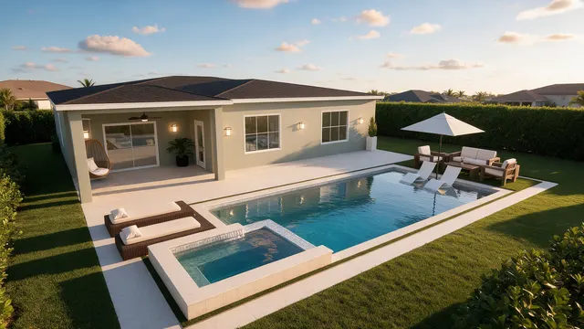 Render of the Feliciano pool and spa, view 04 (day aerial)